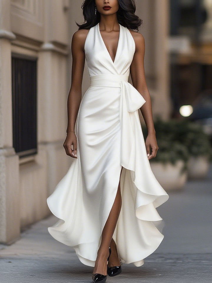 Dame Halter Rüschenkjole – Satin, Aftenkjole, Ensfarvet Design