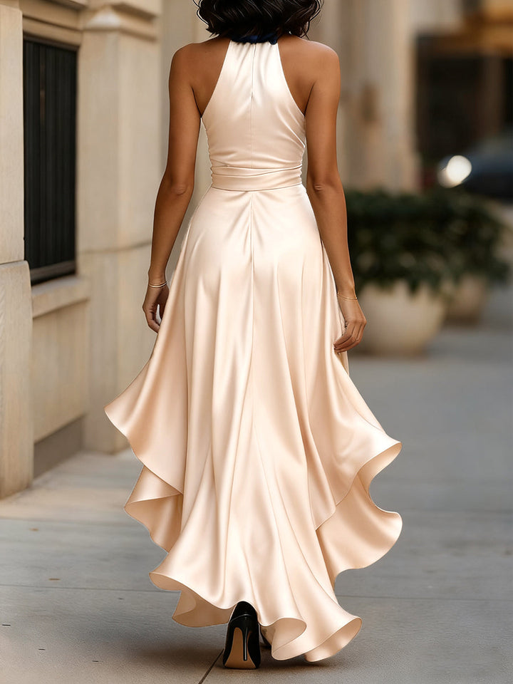 Dame Halter Rüschenkjole – Satin, Aftenkjole, Ensfarvet Design