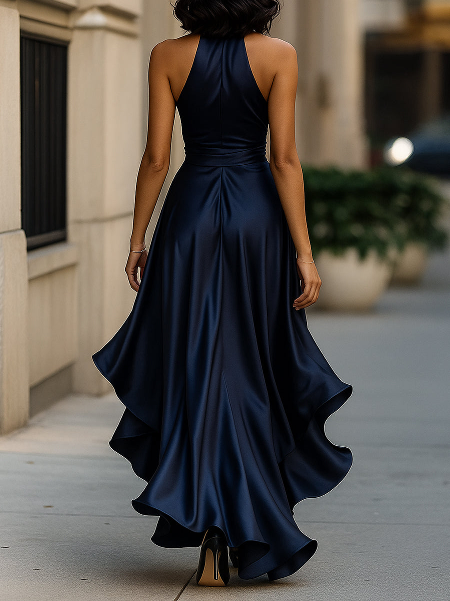 Dame Halter Rüschenkjole – Satin, Aftenkjole, Ensfarvet Design