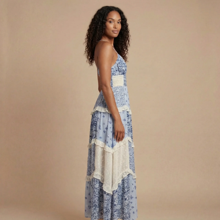Ashley - Blomstret Print Lagdelt Ruffle Maxi Kjole med Blondekant