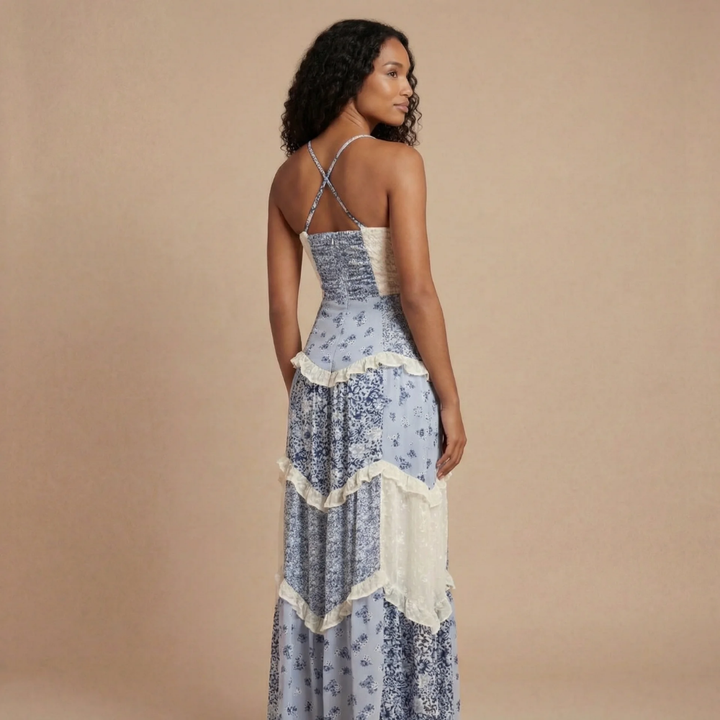 Ashley - Blomstret Print Lagdelt Ruffle Maxi Kjole med Blondekant