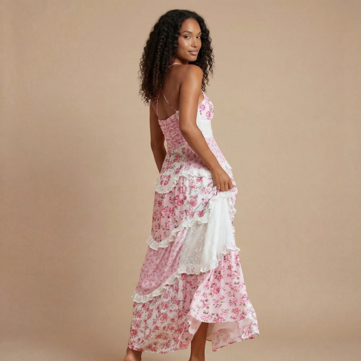 Ashley - Blomstret Print Lagdelt Ruffle Maxi Kjole med Blondekant