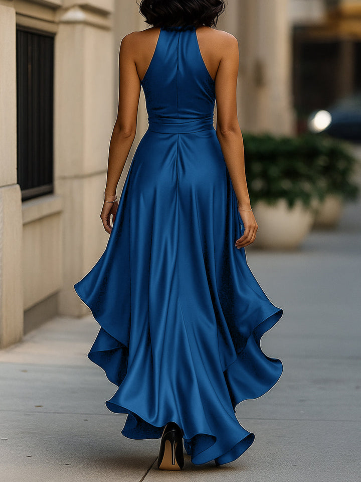 Dame Halter Rüschenkjole – Satin, Aftenkjole, Ensfarvet Design