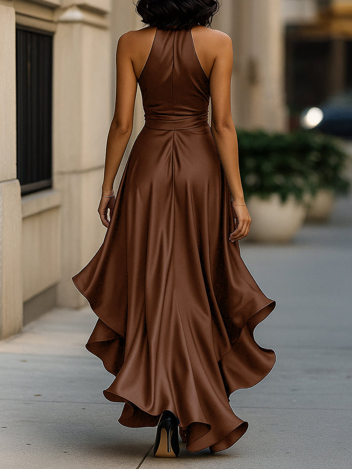 Dame Halter Rüschenkjole – Satin, Aftenkjole, Ensfarvet Design