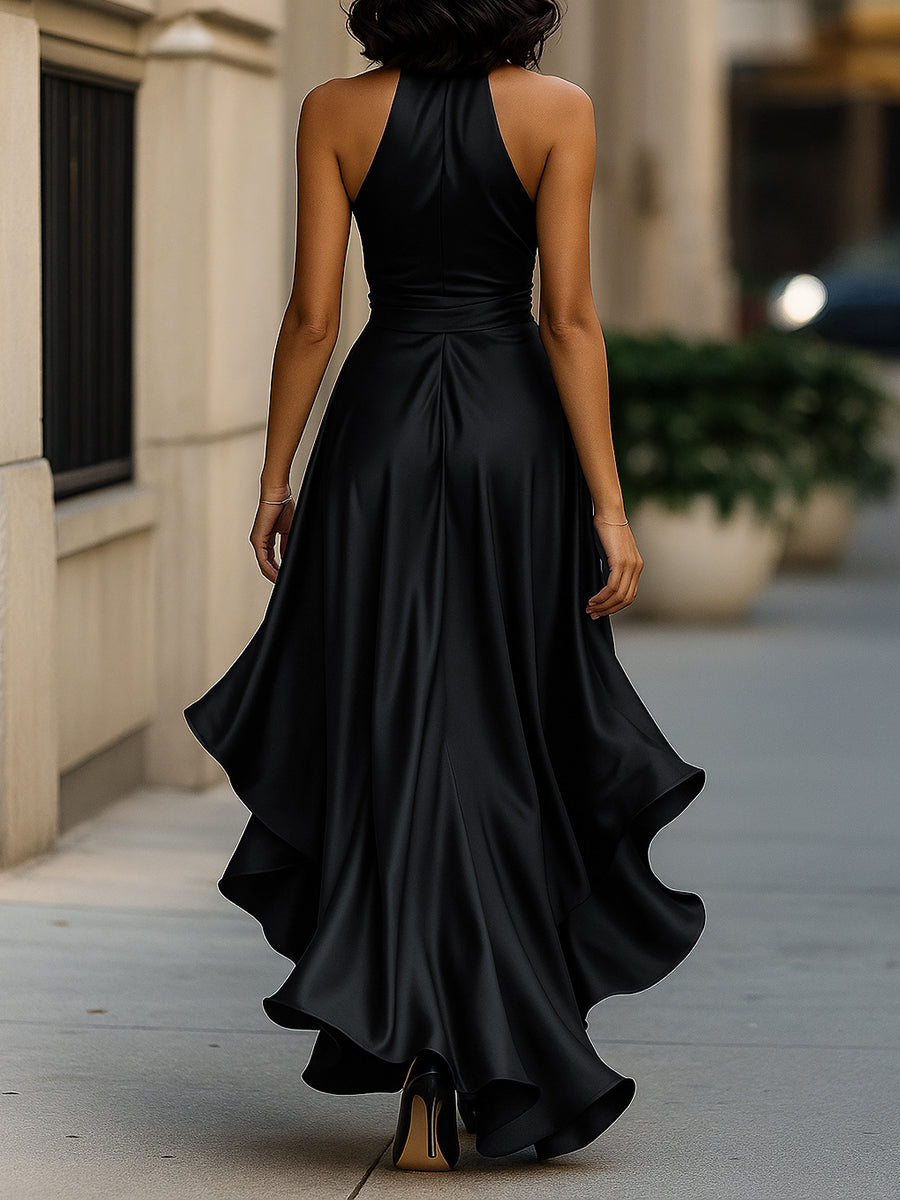 Dame Halter Rüschenkjole – Satin, Aftenkjole, Ensfarvet Design