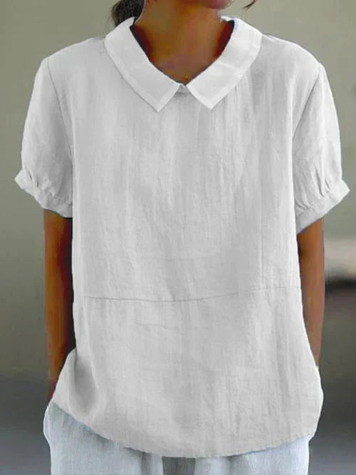 Dame kortærmet fritidsbluse med Peter Pan-krave og alsidigt design