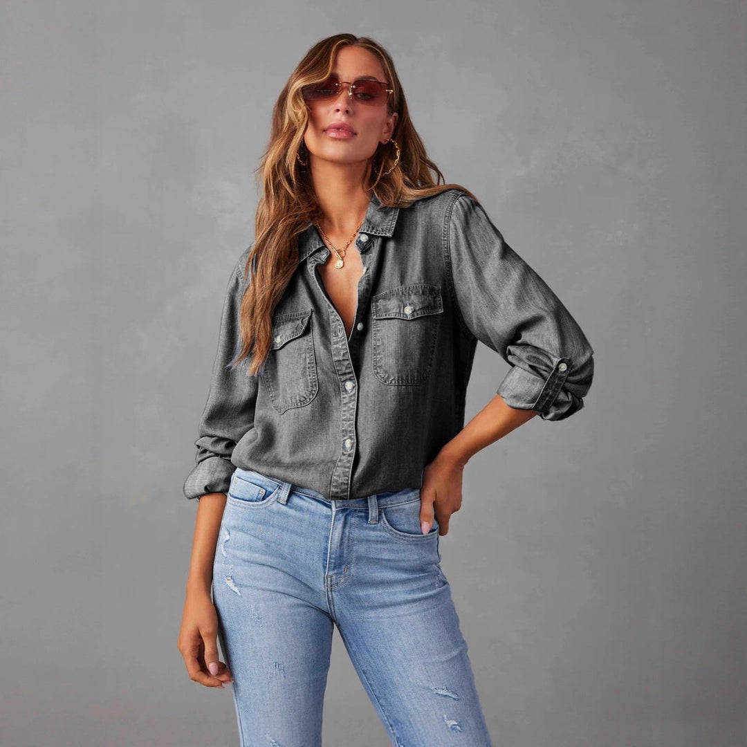 Dame Denim-Skjorte med afslappet revers og knaplukning – Lækkert langærmet overshirt