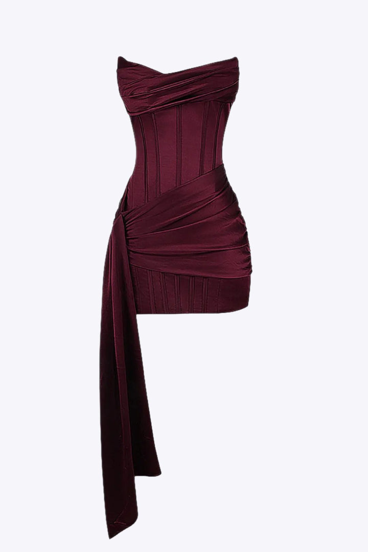 BROOKLYN - Strapless Satin Corset Mini Kjole med Draperet Bånd Detalje