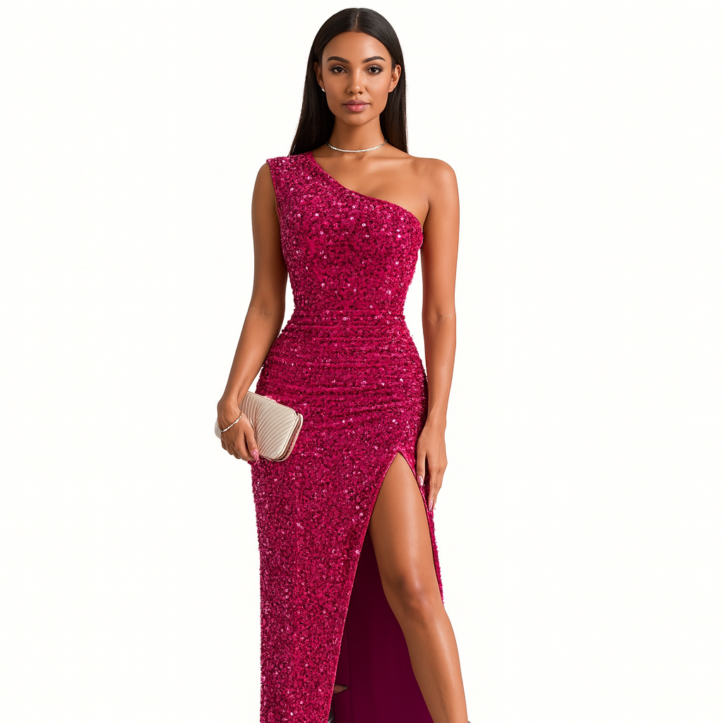 Luxe Glitter Sukienka na Ramiączkach - Dopasowana Sukienka z Wysokim Rozporkiem - Fleur Bellucci