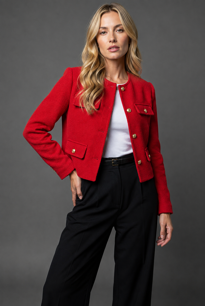 Cropped Tweed Blazer med Guldknapper og Klaplommer