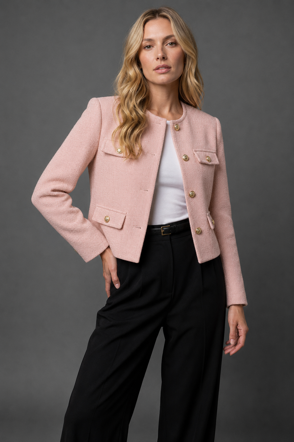 Cropped Tweed Blazer med Guldknapper og Klaplommer