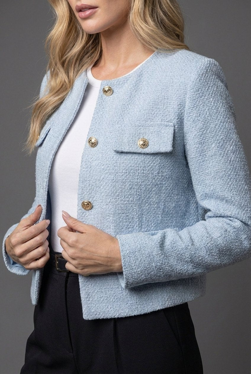 Cropped Tweed Blazer med Guldknapper og Klaplommer
