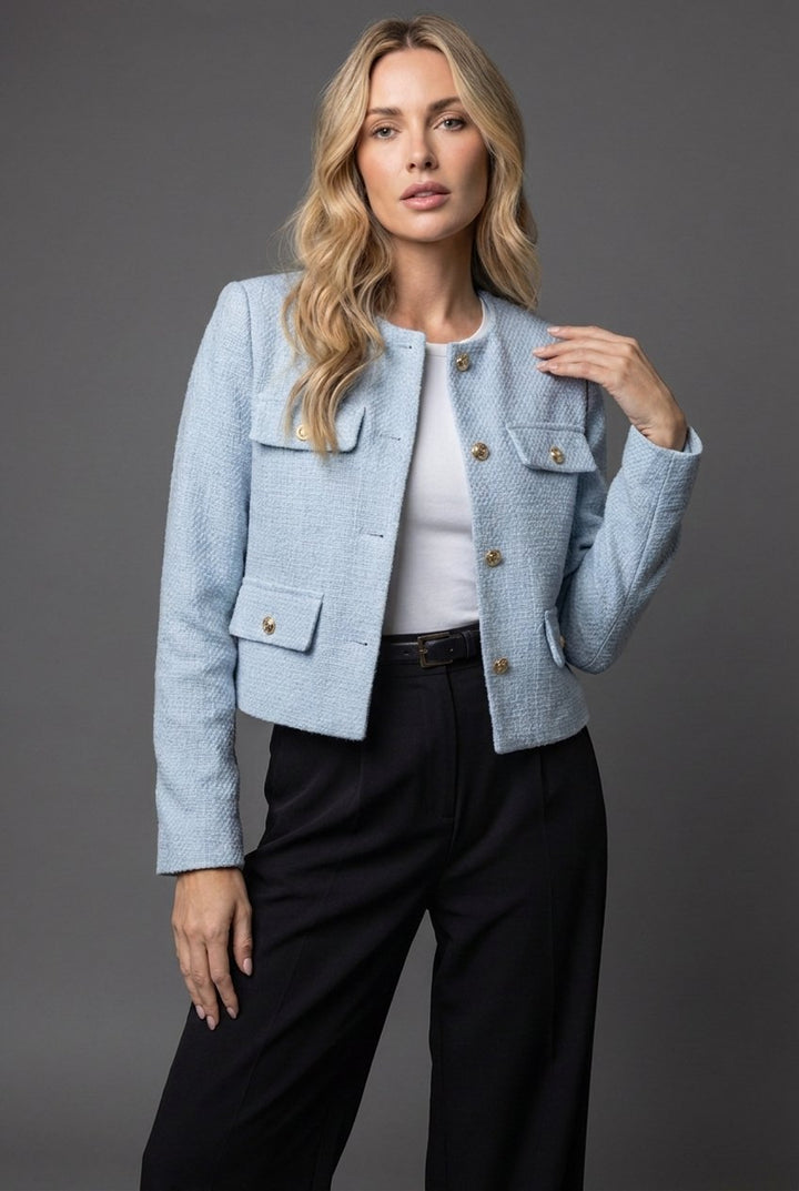 Cropped Tweed Blazer med Guldknapper og Klaplommer