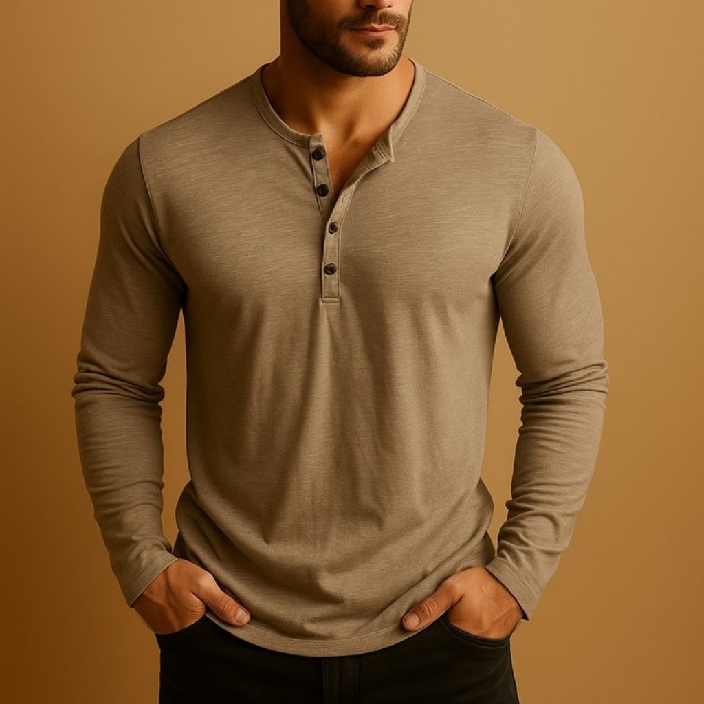 Herre Henley Skjorte – Slim Fit Langærmet Knapkrave