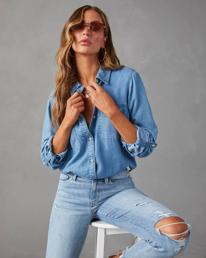 Dame Denim-Skjorte med afslappet revers og knaplukning – Lækkert langærmet overshirt