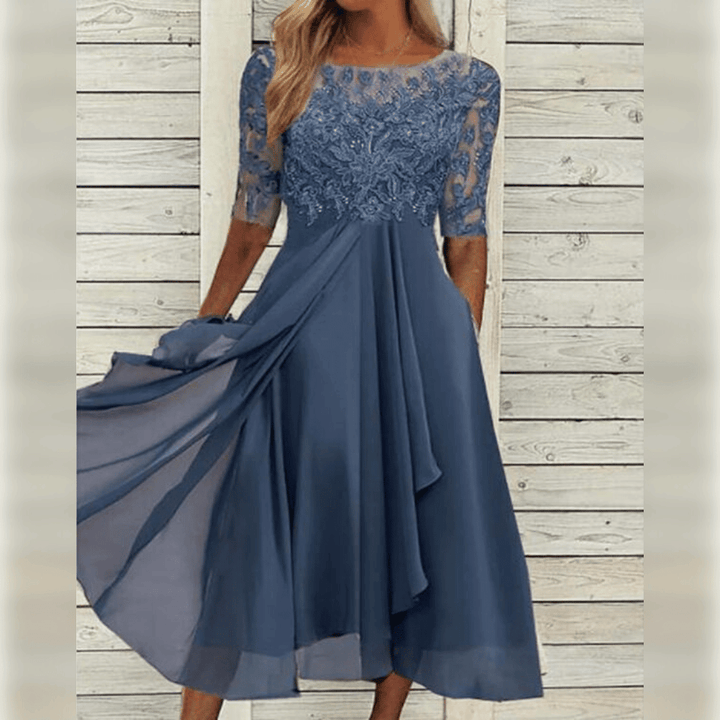 Damska Maxi Sukienka Koronkowy Górny Część Chiffon Spódnica Trzy Czwarte Rękawy A-linia Elegancka - Niebieska / Zielona / Fioletowa - Maelen