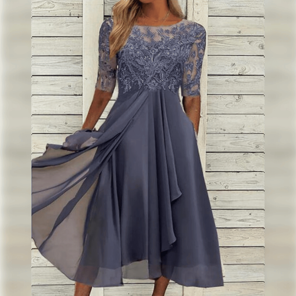 Damska Maxi Sukienka Koronkowy Górny Część Chiffon Spódnica Trzy Czwarte Rękawy A-linia Elegancka - Niebieska / Zielona / Fioletowa - Maelen
