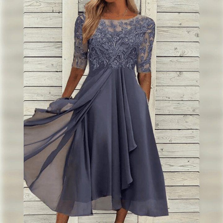 Damska Maxi Sukienka Koronkowy Górny Część Chiffon Spódnica Trzy Czwarte Rękawy A-linia Elegancka - Niebieska / Zielona / Fioletowa - Maelen