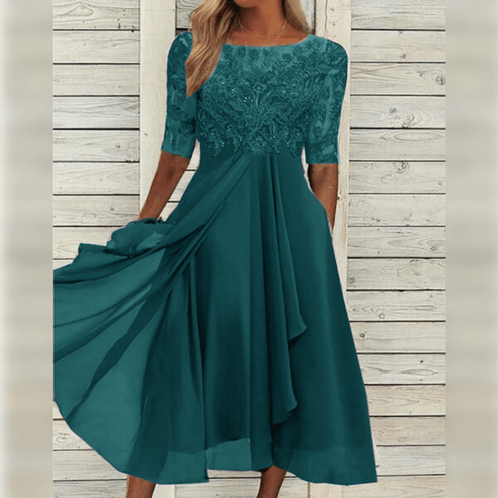 Damska Maxi Sukienka Koronkowy Górny Część Chiffon Spódnica Trzy Czwarte Rękawy A-linia Elegancka - Niebieska / Zielona / Fioletowa - Maelen