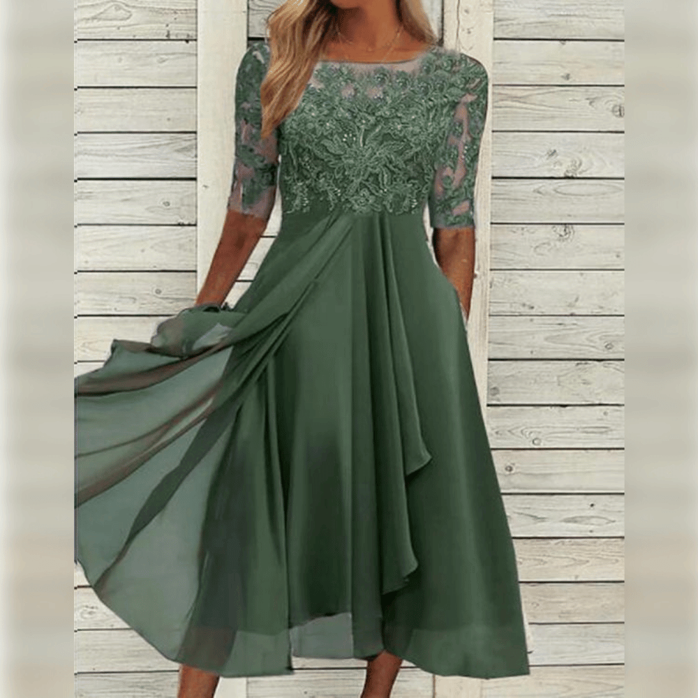 Damska Maxi Sukienka Koronkowy Górny Część Chiffon Spódnica Trzy Czwarte Rękawy A-linia Elegancka - Niebieska / Zielona / Fioletowa - Maelen