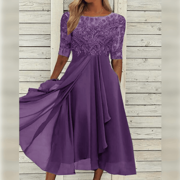 Damska Maxi Sukienka Koronkowy Górny Część Chiffon Spódnica Trzy Czwarte Rękawy A-linia Elegancka - Niebieska / Zielona / Fioletowa - Maelen