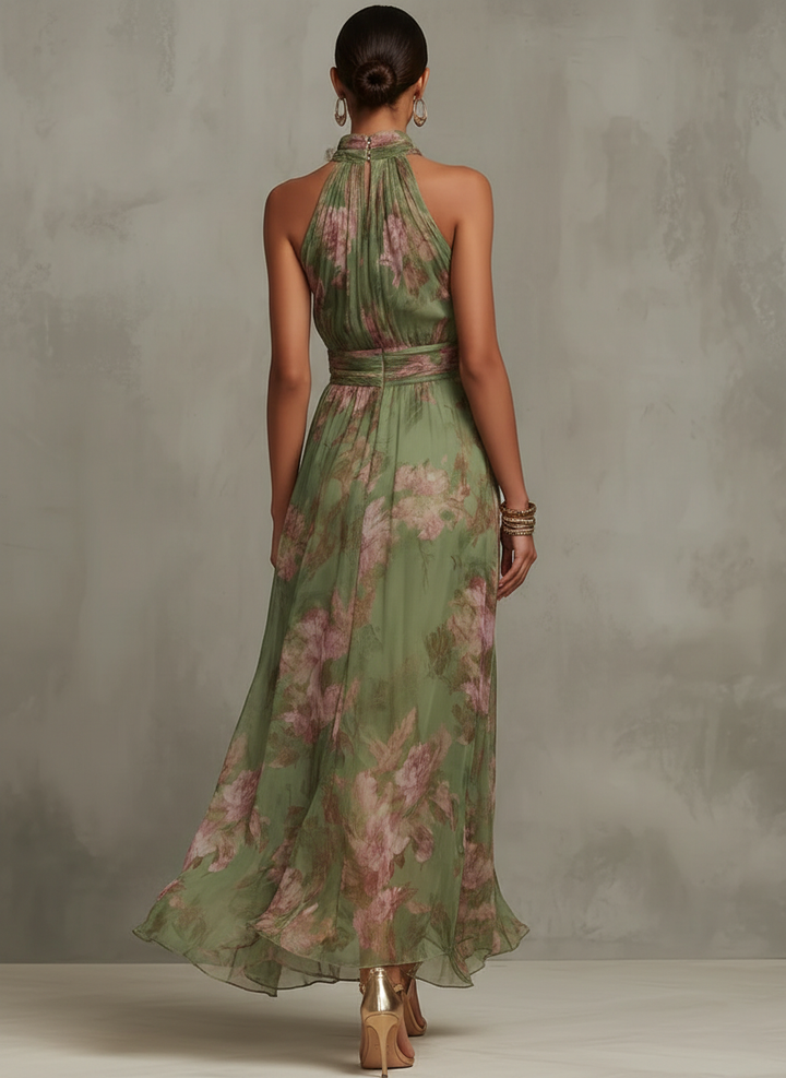 Sukienka Chiffon Maxi Halter dla Dams z Kwiatowym Wzorem, Faldowana Talia - Zielona - Maelen