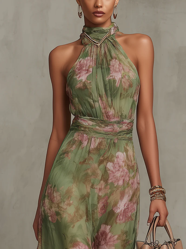 Sukienka Chiffon Maxi Halter dla Dams z Kwiatowym Wzorem, Faldowana Talia - Zielona - Maelen