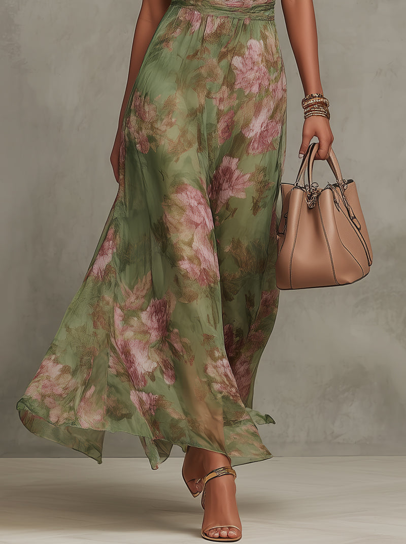 Sukienka Chiffon Maxi Halter dla Dams z Kwiatowym Wzorem, Faldowana Talia - Zielona - Maelen