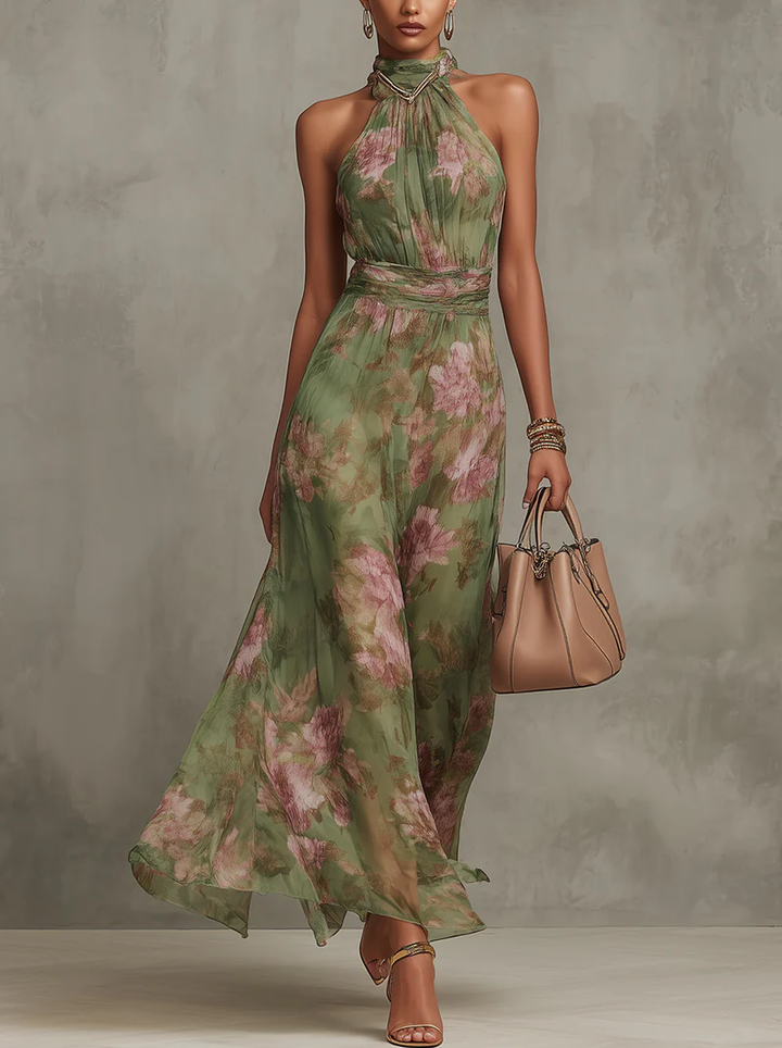 Sukienka Chiffon Maxi Halter dla Dams z Kwiatowym Wzorem, Faldowana Talia - Zielona - Maelen