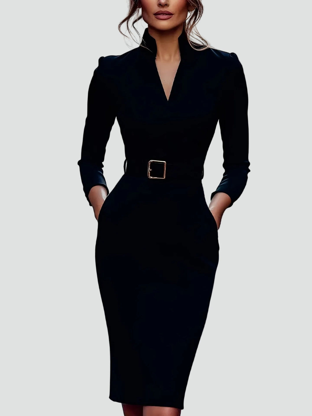 Elegancka Midi Sukienka Biznesowa Damska z Paskiem i Rękawami 3/4 - Leonora Bianchi
