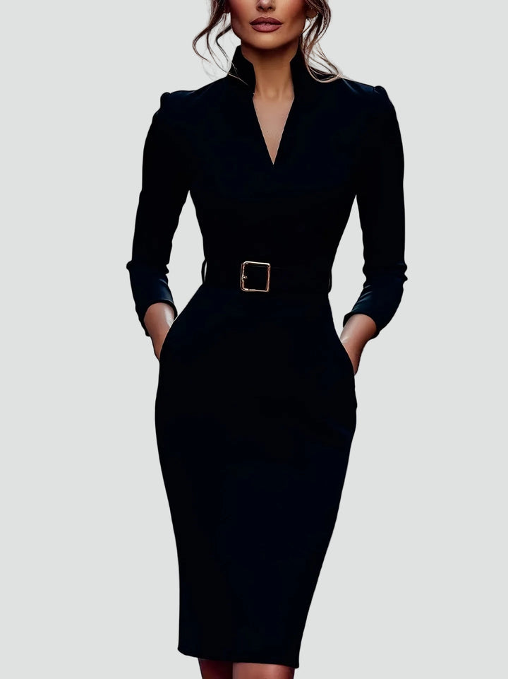 Elegancka Midi Sukienka Biznesowa Damska z Paskiem i Rękawami 3/4 - Leonora Bianchi