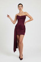 BROOKLYN - Strapless Satin Corset Mini Kjole med Draperet Bånd Detalje