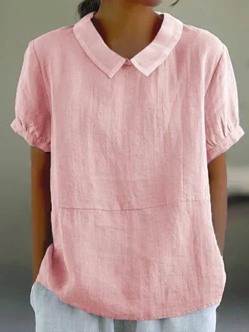 Dame kortærmet fritidsbluse med Peter Pan-krave og alsidigt design