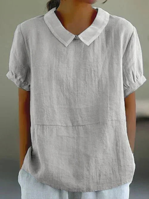 Dame kortærmet fritidsbluse med Peter Pan-krave og alsidigt design
