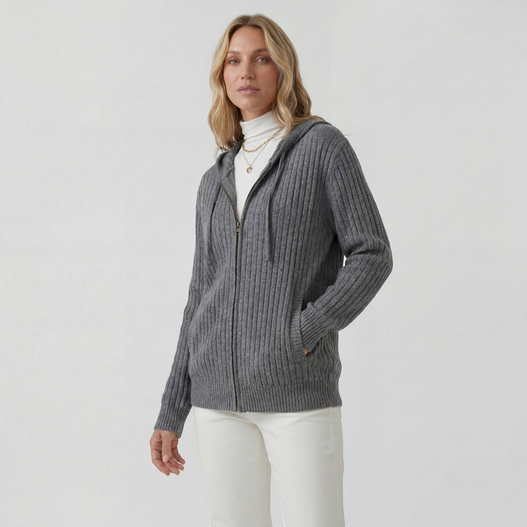 Damen Rippstrik Zip-Up Hoodie Cardigan – Oversized Full-Zip Stil
