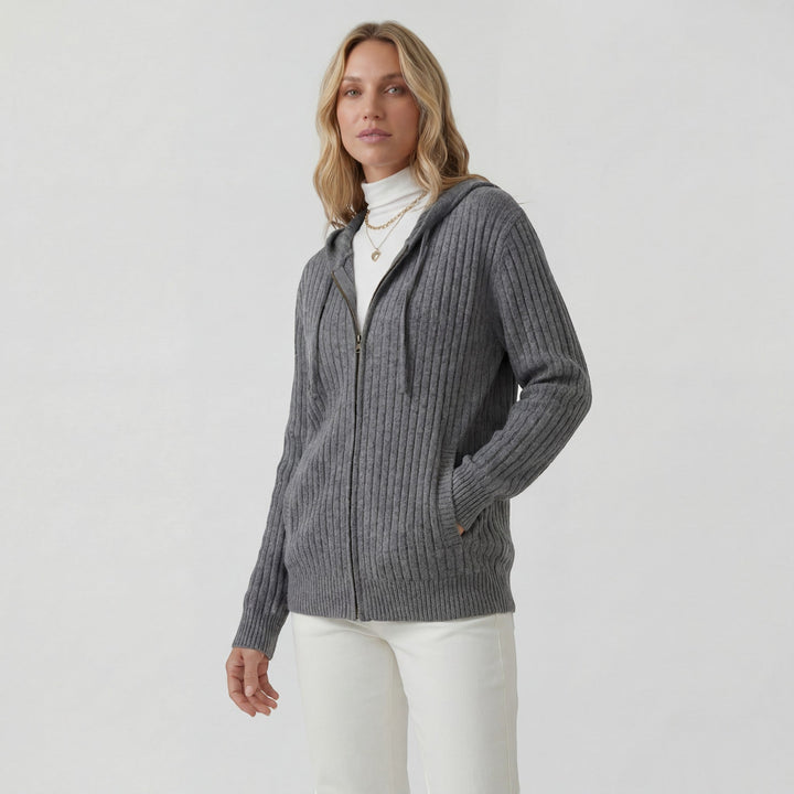 Damen Rippstrik Zip-Up Hoodie Cardigan – Oversized Full-Zip Stil