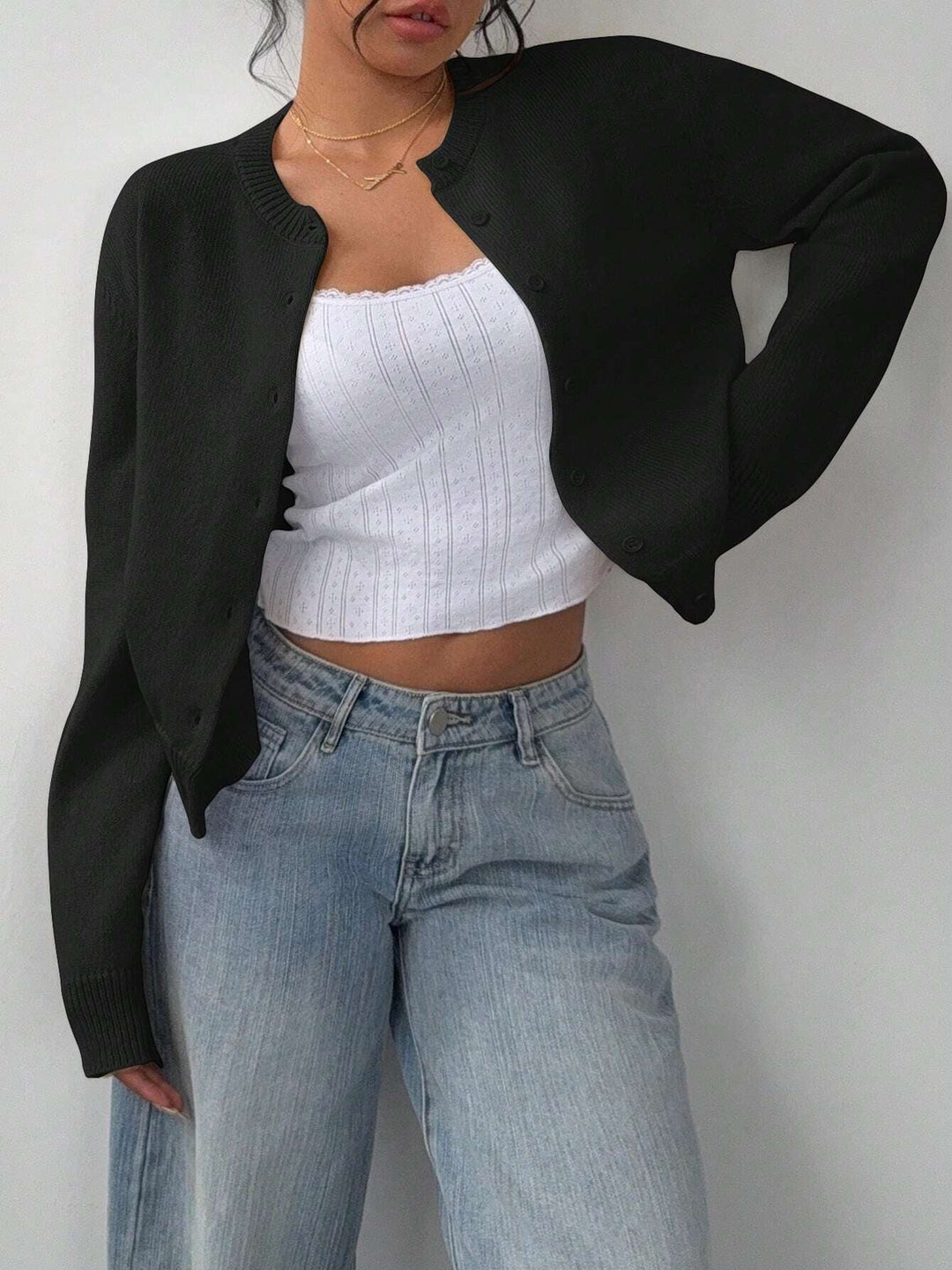 Forkortet cardigan – Strik-slim-fit pullover med lange ærmer til damer