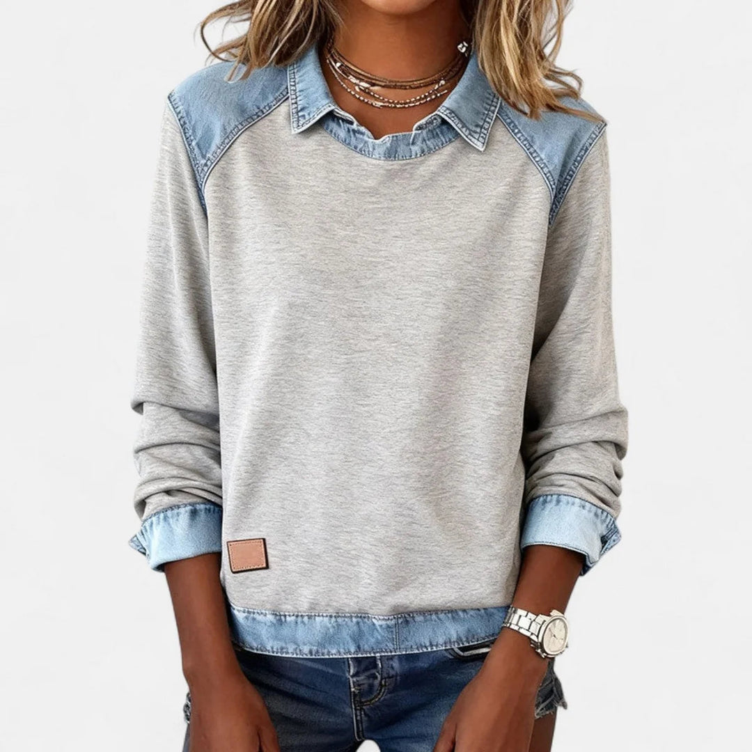 Dame Strikpullover med Denim-Krave Patchwork Raglan Pullover
