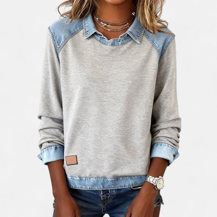Dame Strikpullover med Denim-Krave Patchwork Raglan Pullover