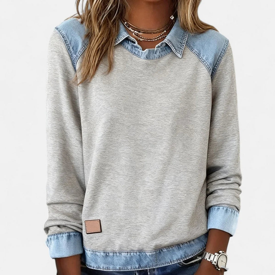 Dame Strikpullover med Denim-Krave Patchwork Raglan Pullover