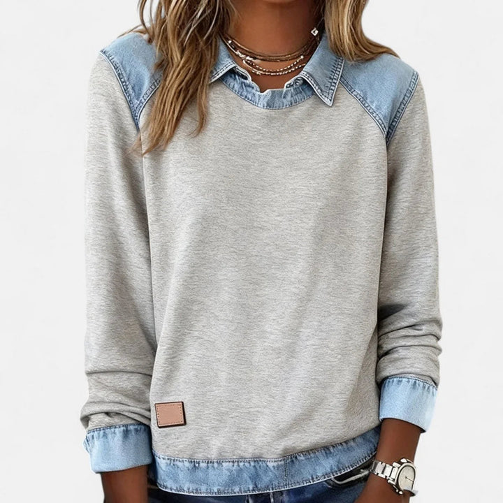 Dame Strikpullover med Denim-Krave Patchwork Raglan Pullover