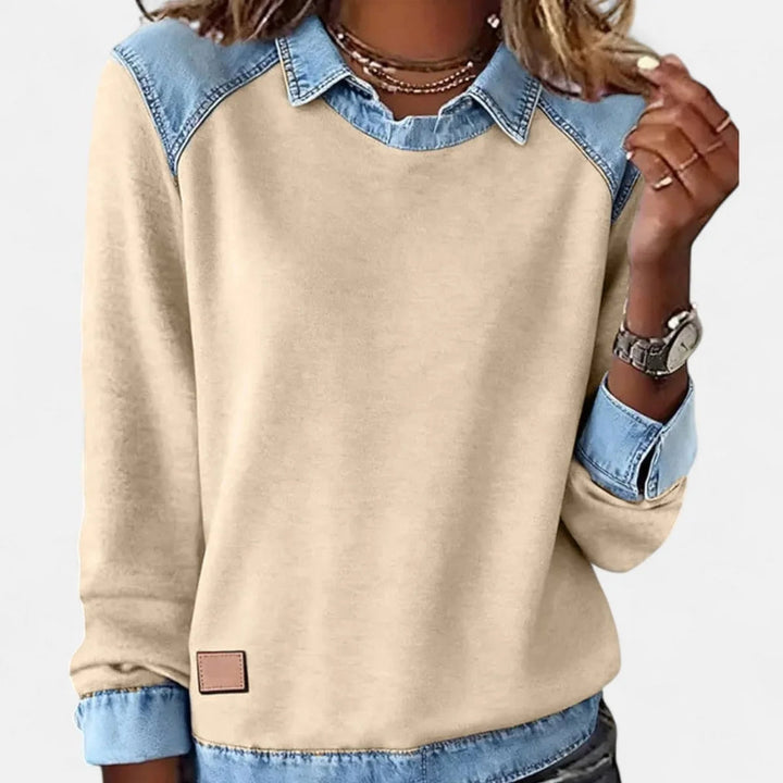 Dame Strikpullover med Denim-Krave Patchwork Raglan Pullover