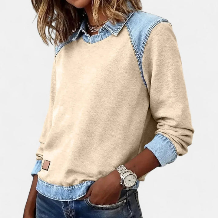 Dame Strikpullover med Denim-Krave Patchwork Raglan Pullover