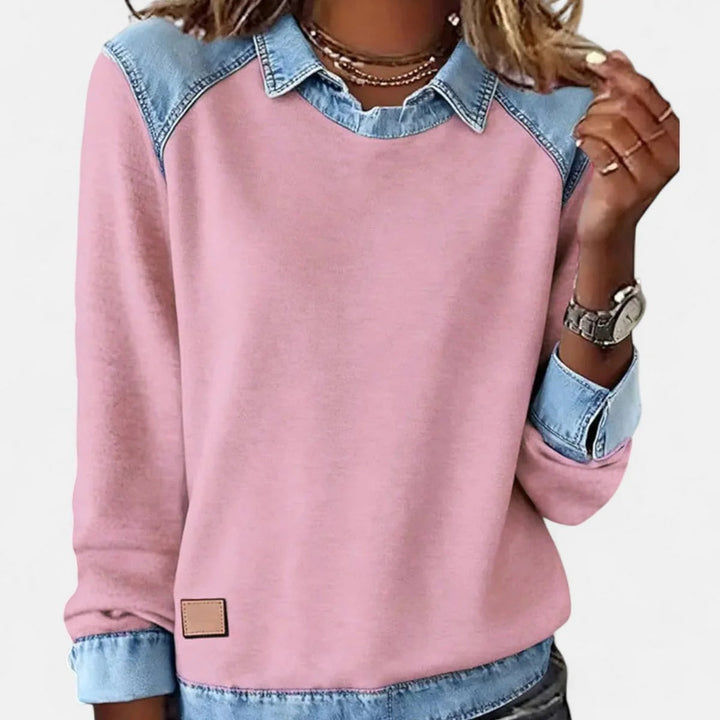 Dame Strikpullover med Denim-Krave Patchwork Raglan Pullover