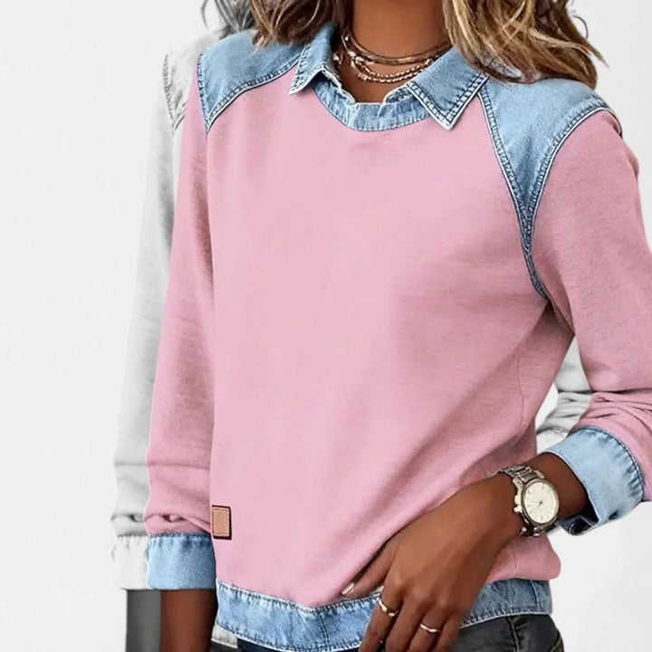 Dame Strikpullover med Denim-Krave Patchwork Raglan Pullover