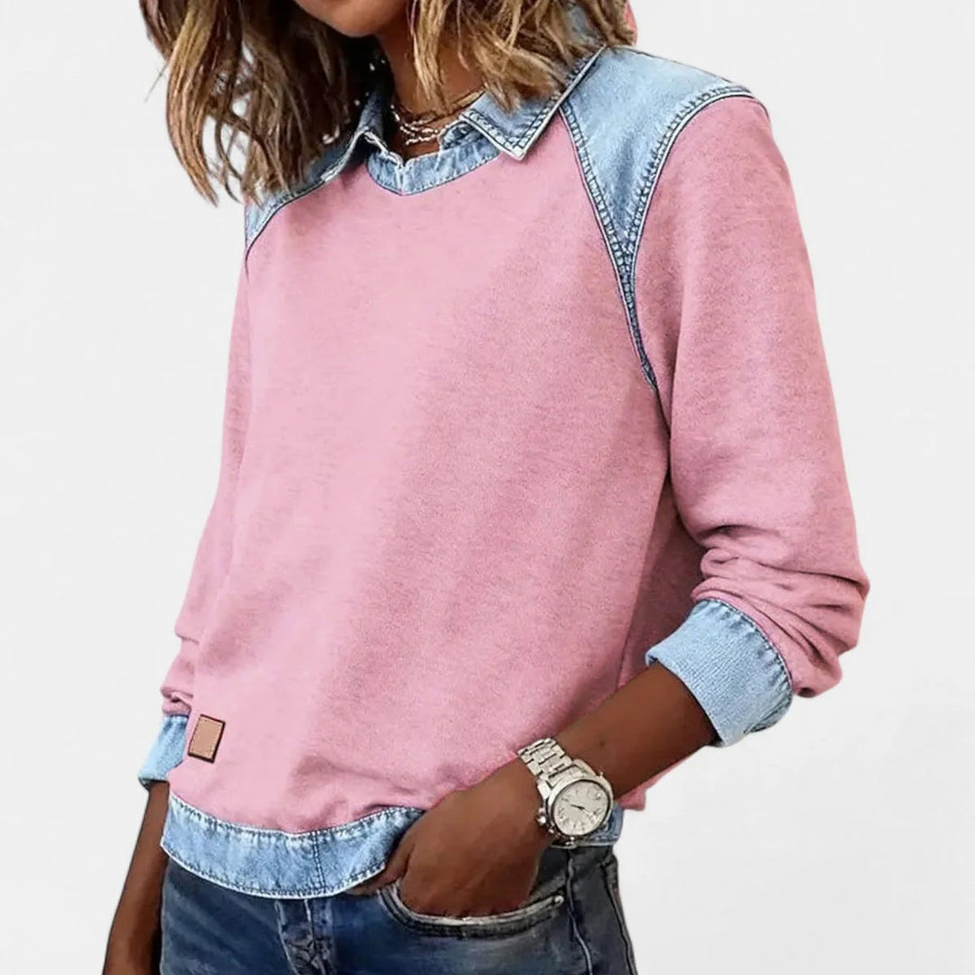 Dame Strikpullover med Denim-Krave Patchwork Raglan Pullover
