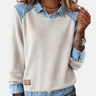 Dame Strikpullover med Denim-Krave Patchwork Raglan Pullover