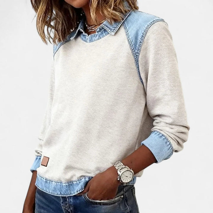 Dame Strikpullover med Denim-Krave Patchwork Raglan Pullover