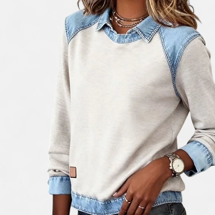 Dame Strikpullover med Denim-Krave Patchwork Raglan Pullover