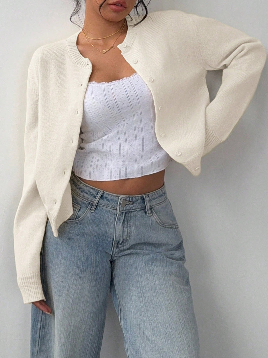 Forkortet cardigan – Strik-slim-fit pullover med lange ærmer til damer